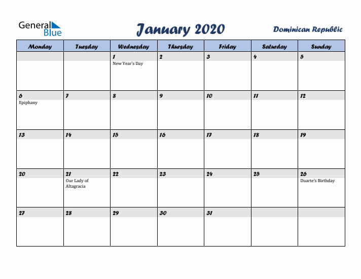 January 2020 Calendar with Holidays in Dominican Republic