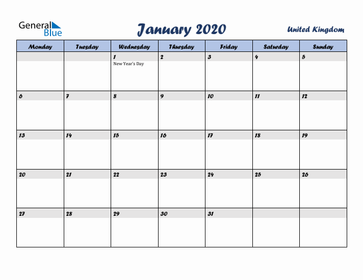 January 2020 Calendar with Holidays in United Kingdom