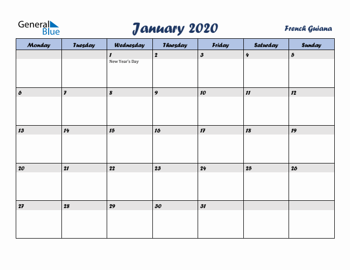 January 2020 Calendar with Holidays in French Guiana