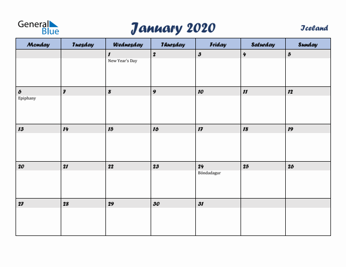 January 2020 Calendar with Holidays in Iceland