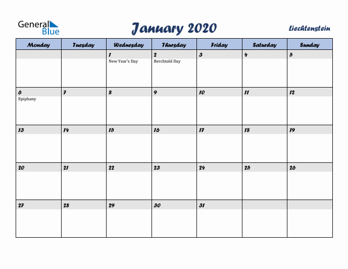 January 2020 Calendar with Holidays in Liechtenstein