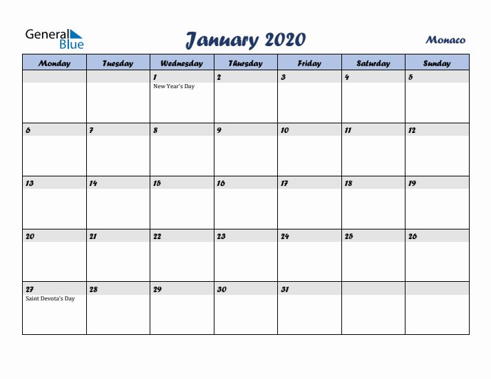 January 2020 Calendar with Holidays in Monaco