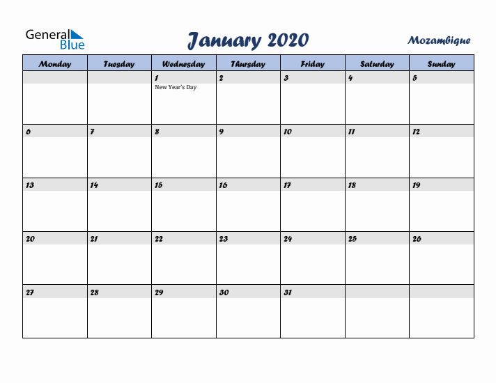 January 2020 Calendar with Holidays in Mozambique