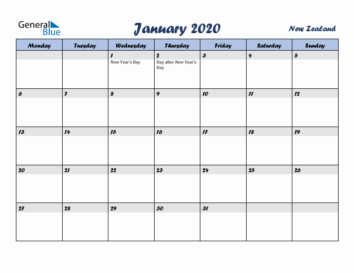 January 2020 Calendar with Holidays in New Zealand