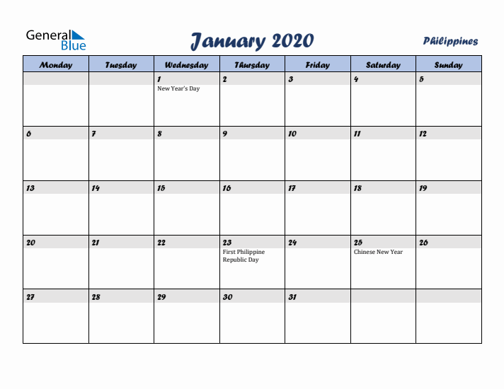 January 2020 Calendar with Holidays in Philippines