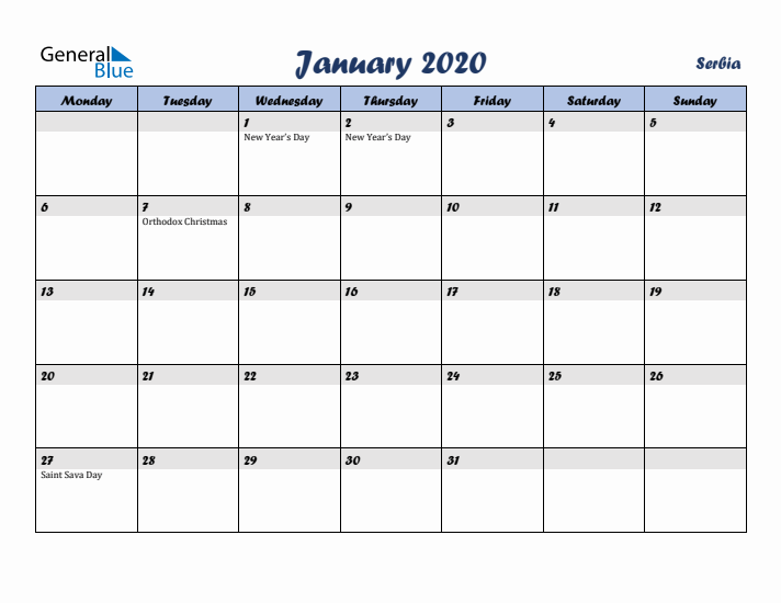 January 2020 Calendar with Holidays in Serbia
