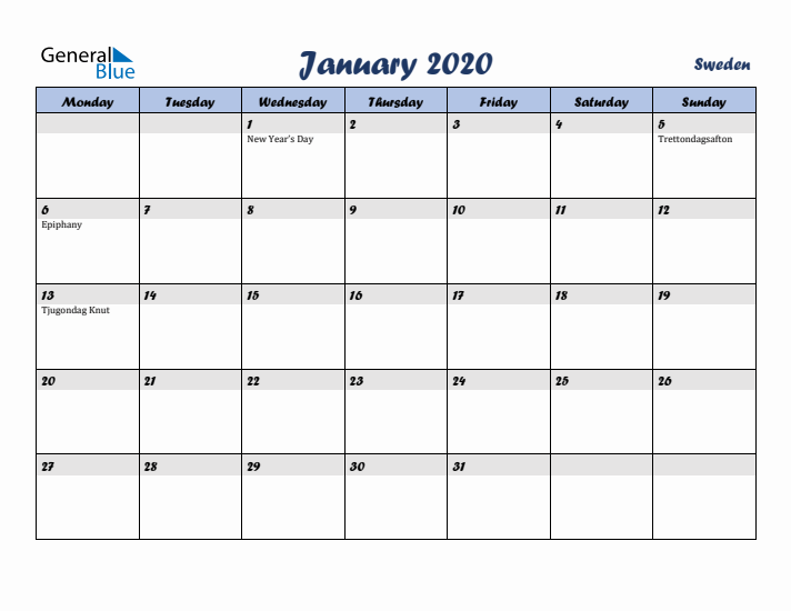 January 2020 Calendar with Holidays in Sweden