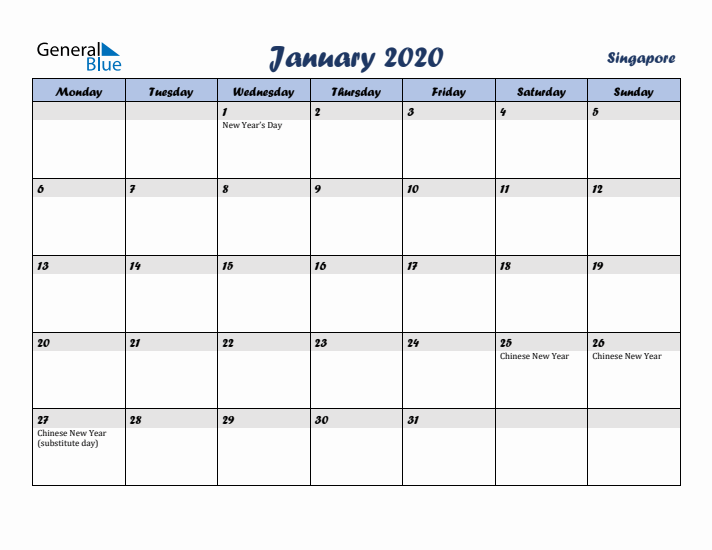 January 2020 Calendar with Holidays in Singapore