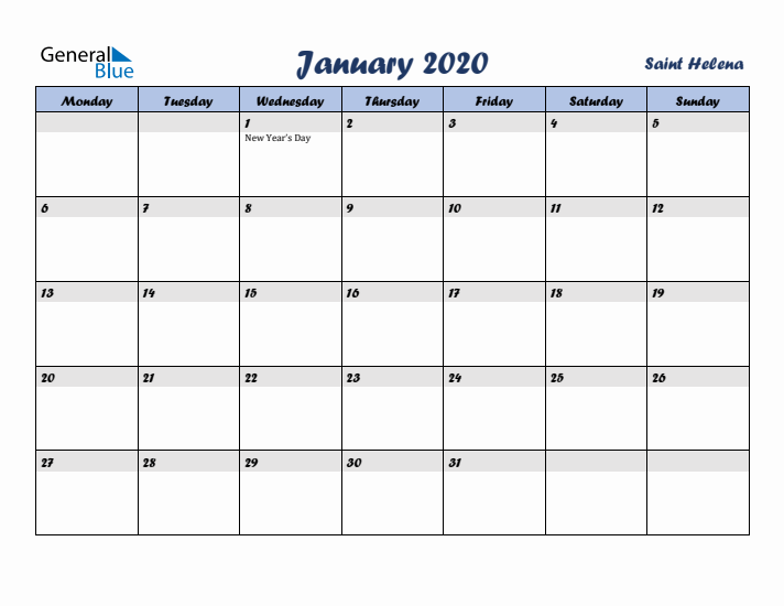 January 2020 Calendar with Holidays in Saint Helena