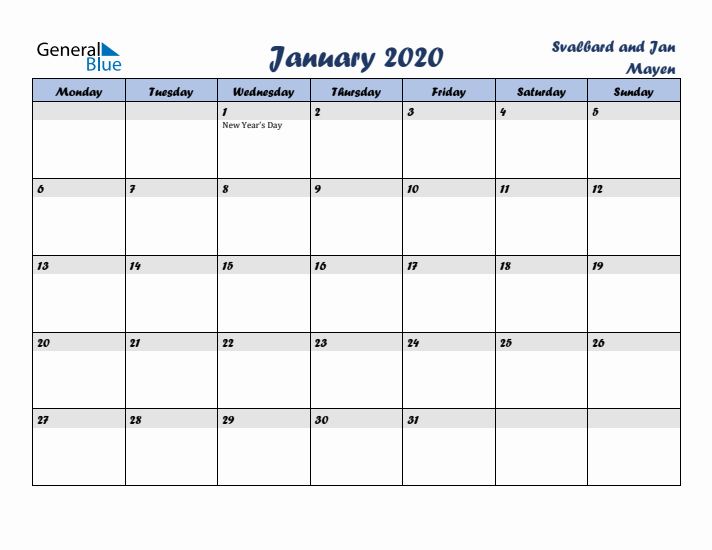 January 2020 Calendar with Holidays in Svalbard and Jan Mayen
