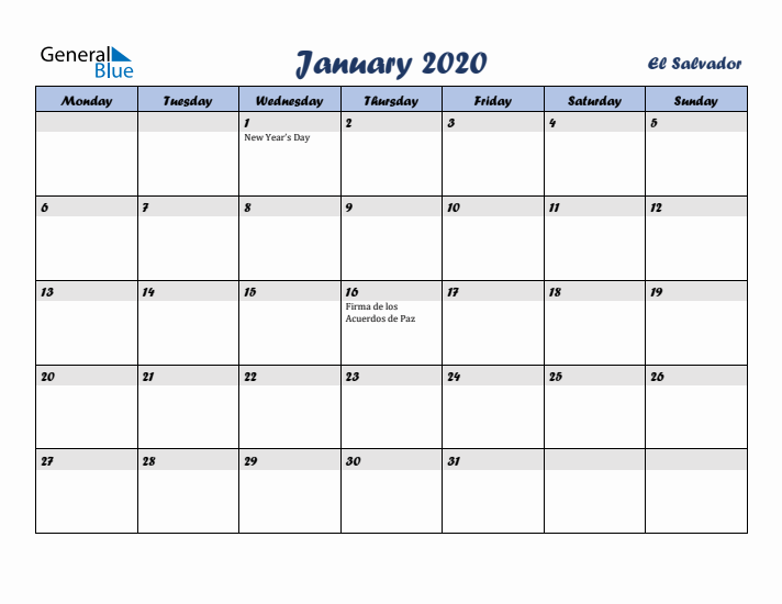 January 2020 Calendar with Holidays in El Salvador