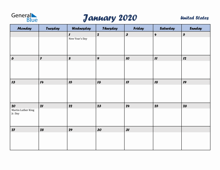 January 2020 Calendar with Holidays in United States