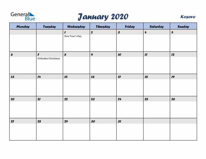 January 2020 Calendar with Holidays in Kosovo