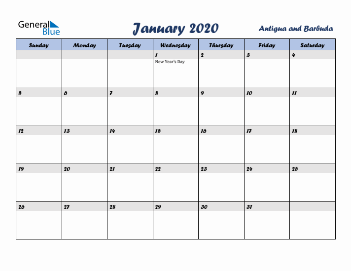 January 2020 Calendar with Holidays in Antigua and Barbuda