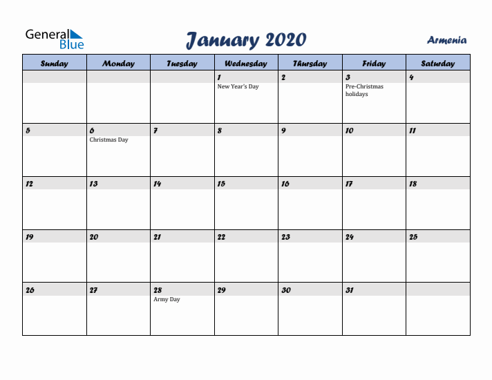 January 2020 Calendar with Holidays in Armenia