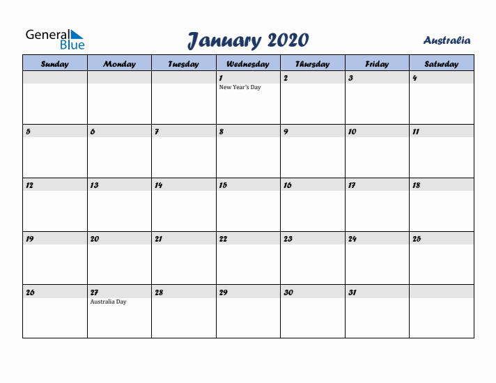 January 2020 Calendar with Holidays in Australia