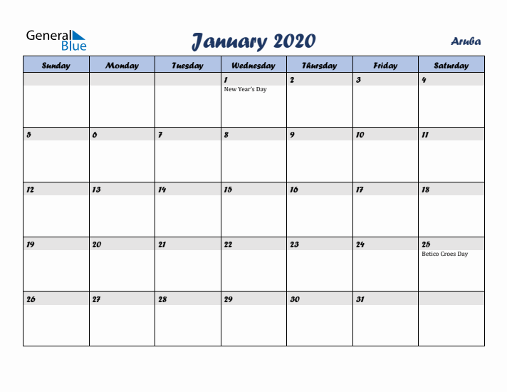 January 2020 Calendar with Holidays in Aruba