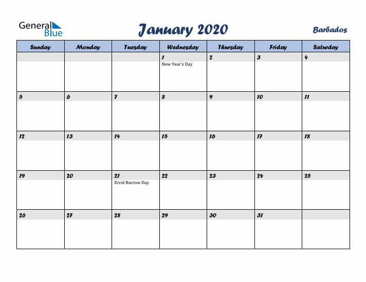 January 2020 Calendar with Holidays in Barbados