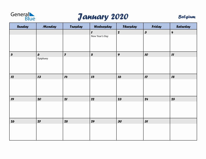 January 2020 Calendar with Holidays in Belgium