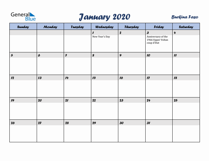 January 2020 Calendar with Holidays in Burkina Faso