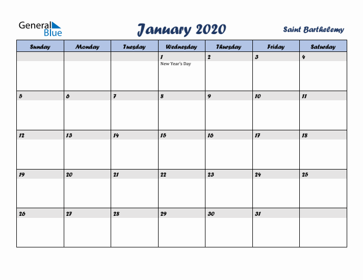 January 2020 Calendar with Holidays in Saint Barthelemy