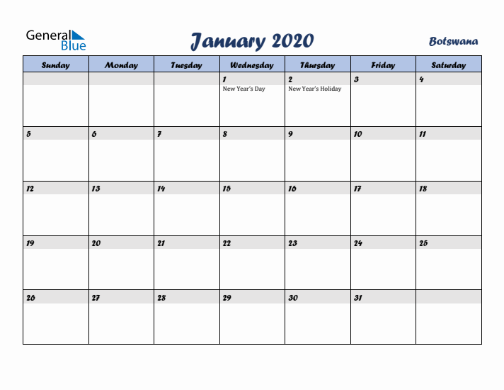 January 2020 Calendar with Holidays in Botswana
