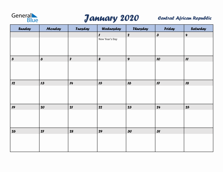 January 2020 Calendar with Holidays in Central African Republic