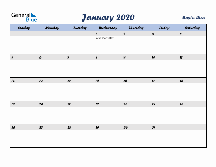 January 2020 Calendar with Holidays in Costa Rica