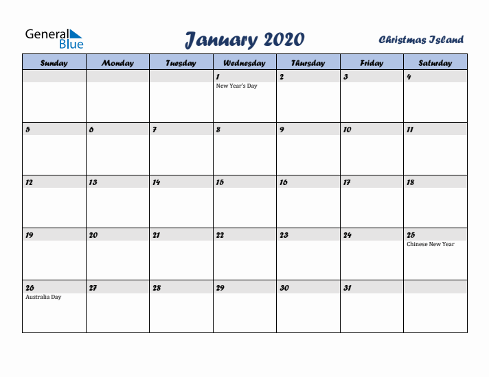 January 2020 Calendar with Holidays in Christmas Island