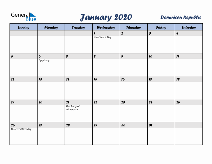 January 2020 Calendar with Holidays in Dominican Republic
