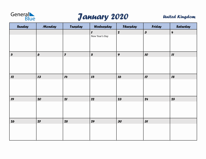 January 2020 Calendar with Holidays in United Kingdom