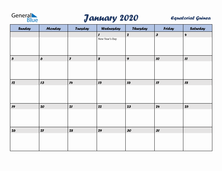 January 2020 Calendar with Holidays in Equatorial Guinea
