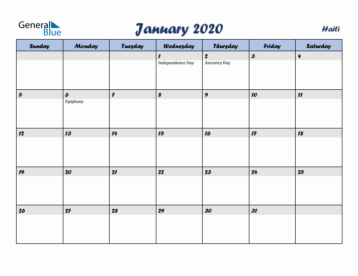 January 2020 Calendar with Holidays in Haiti
