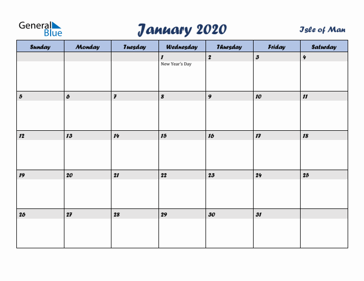 January 2020 Calendar with Holidays in Isle of Man