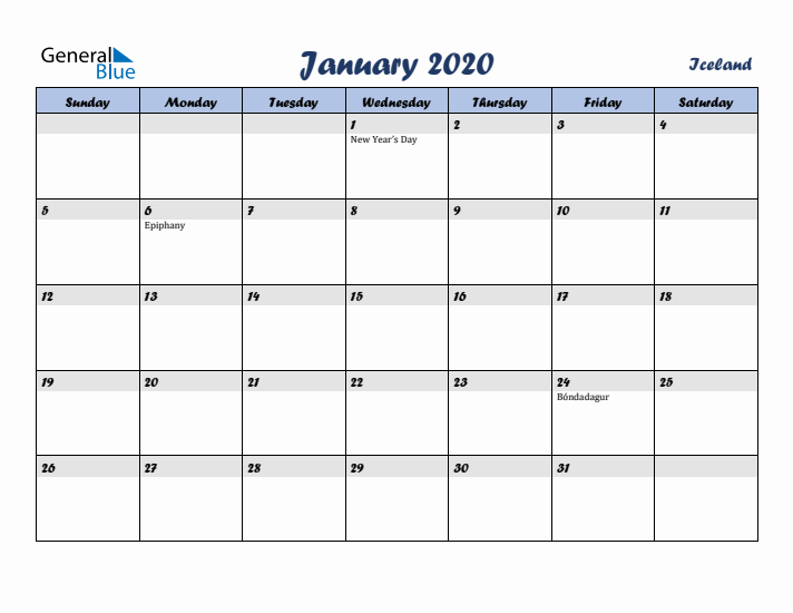 January 2020 Calendar with Holidays in Iceland