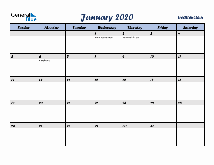 January 2020 Calendar with Holidays in Liechtenstein