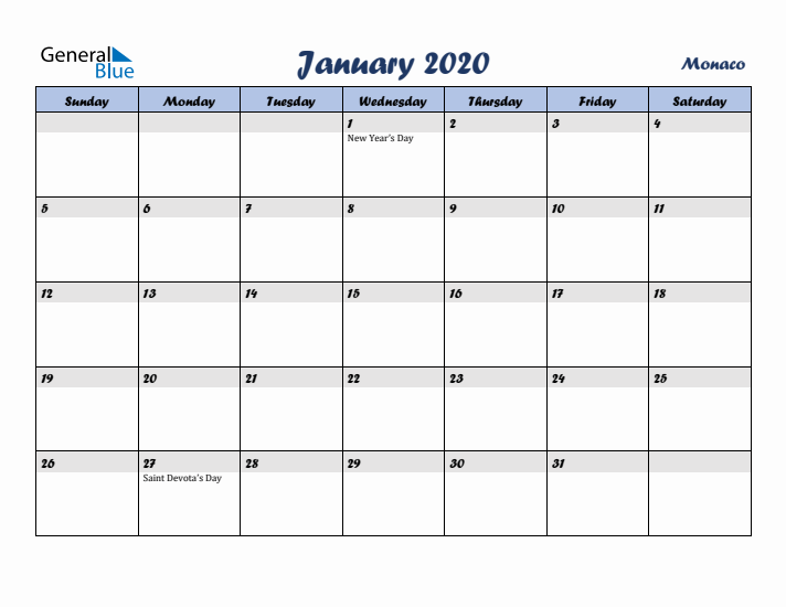 January 2020 Calendar with Holidays in Monaco