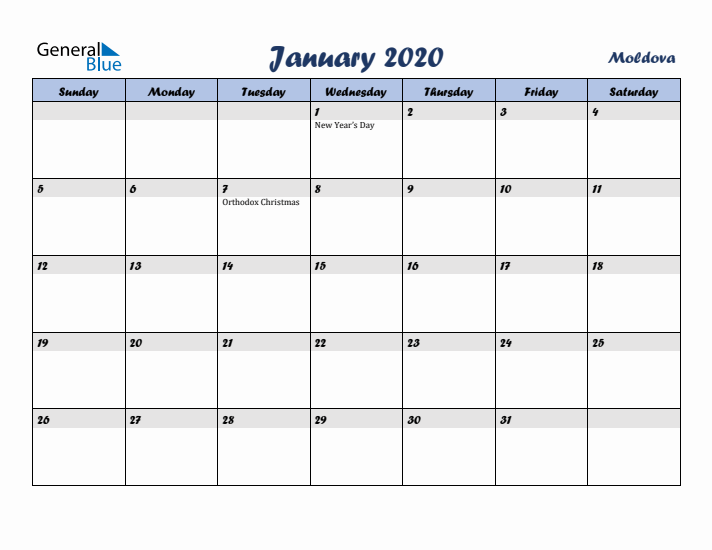 January 2020 Calendar with Holidays in Moldova