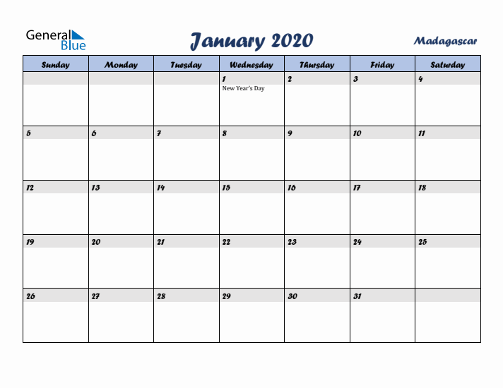 January 2020 Calendar with Holidays in Madagascar