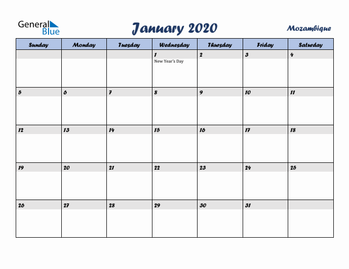January 2020 Calendar with Holidays in Mozambique