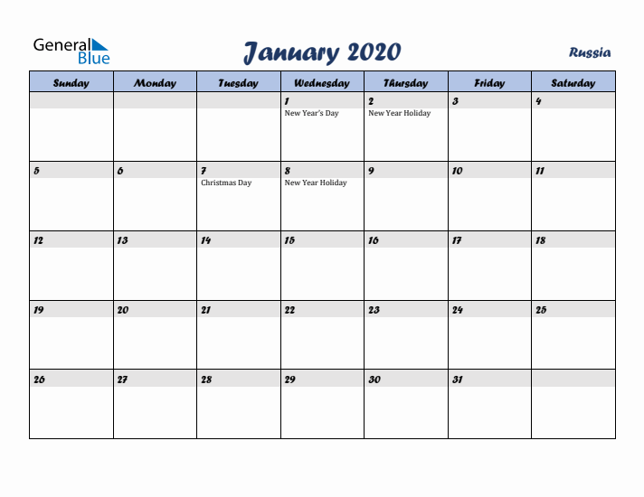 January 2020 Calendar with Holidays in Russia