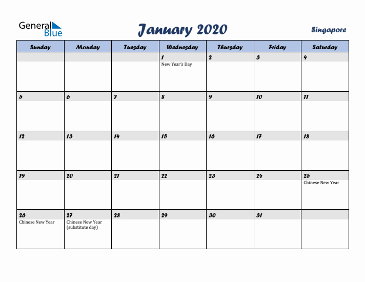 January 2020 Calendar with Holidays in Singapore