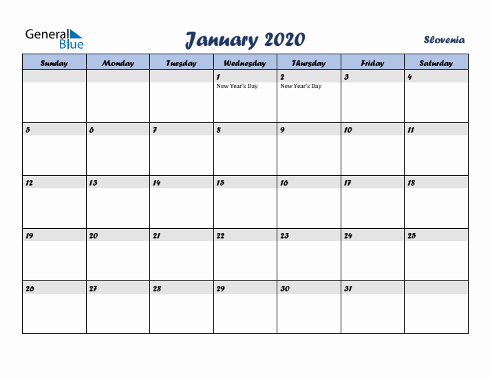 January 2020 Calendar with Holidays in Slovenia