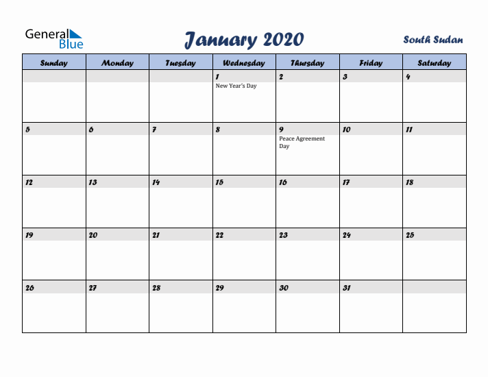 January 2020 Calendar with Holidays in South Sudan
