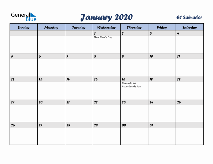 January 2020 Calendar with Holidays in El Salvador