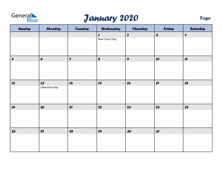 January 2020 Calendar with Holidays in Togo