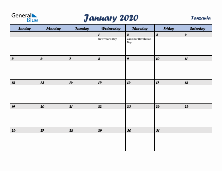 January 2020 Calendar with Holidays in Tanzania