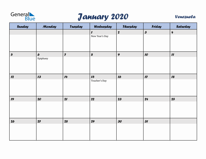 January 2020 Calendar with Holidays in Venezuela