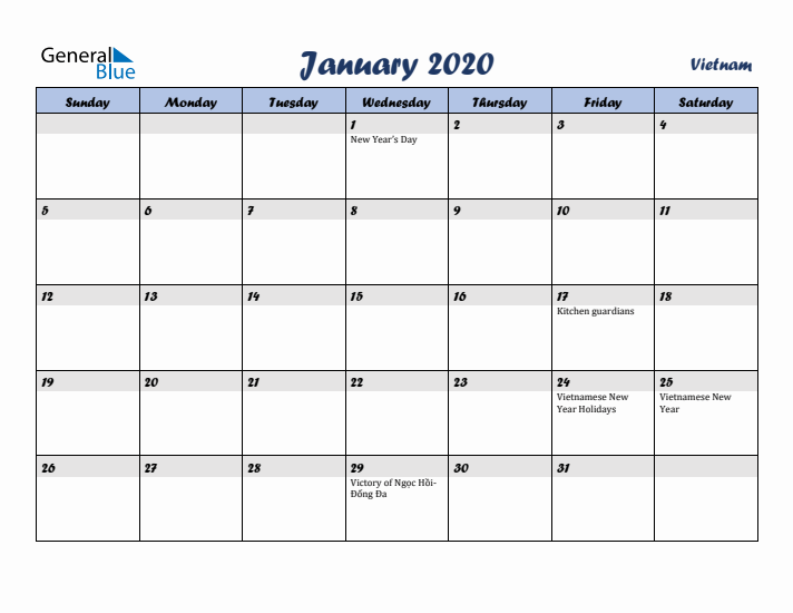 January 2020 Calendar with Holidays in Vietnam