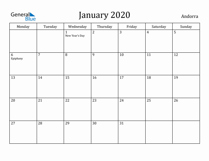January 2020 Calendar Andorra